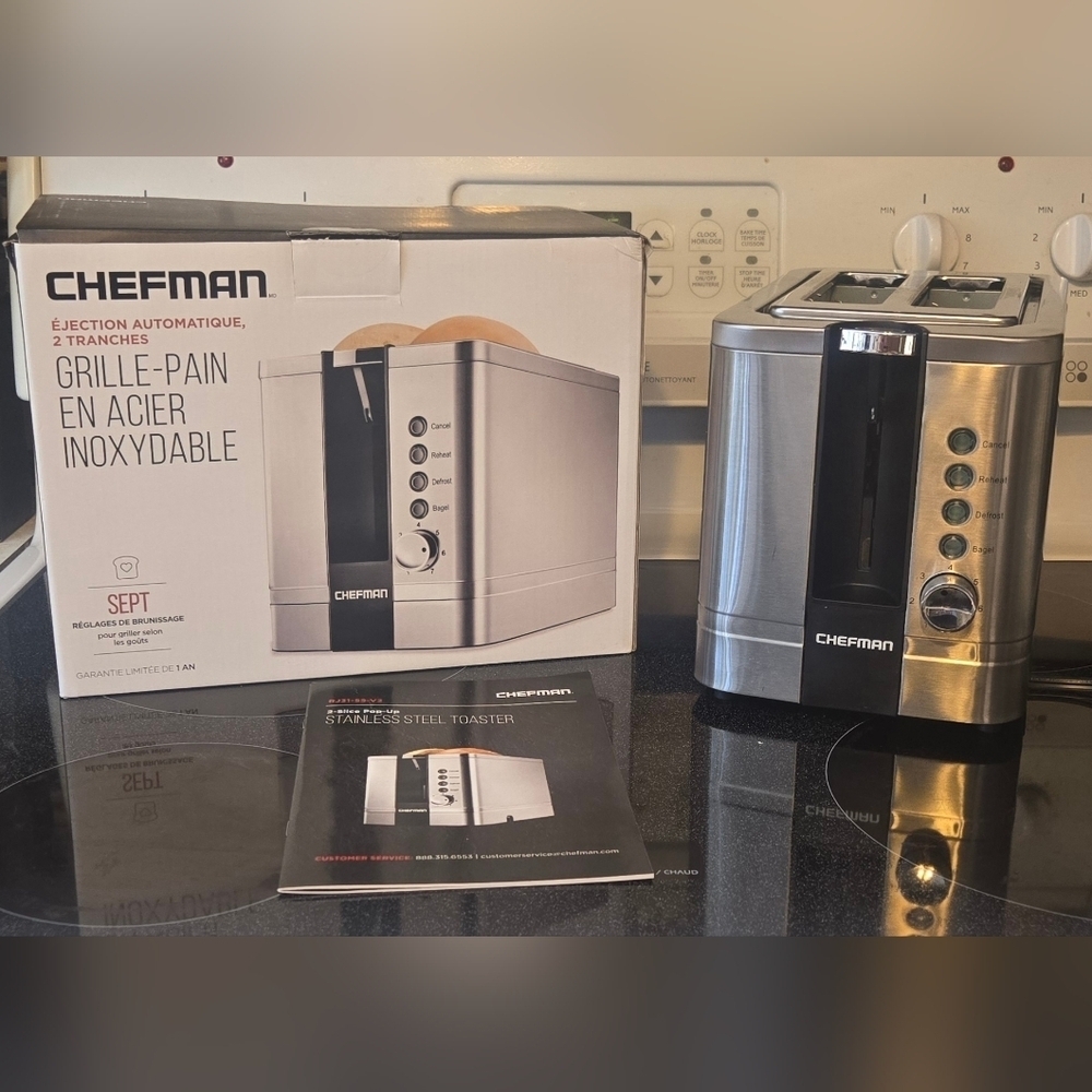 Chefman 2 Slice Stainless Steel Toaster Wide Slot Bagel Reheat Defrost Box